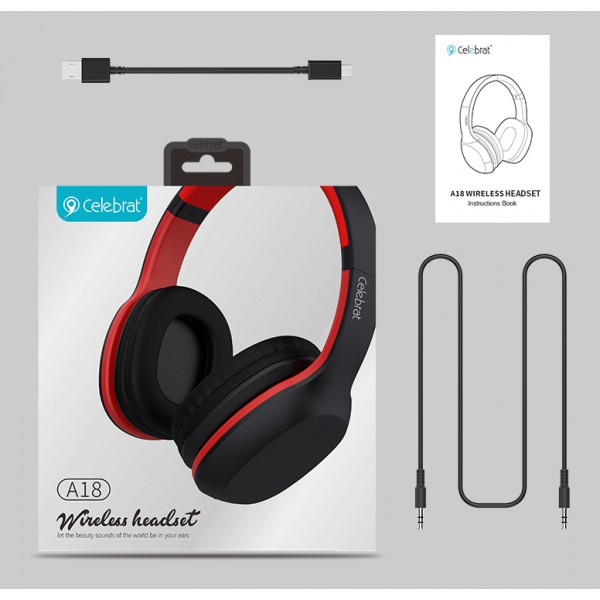 CELEBRAT Bluetooth headphones A18-BKRD, wireless & wired, μαύρο-κόκκινο CELEBRAT Bluetooth headphones A18-BKRD, wireless & wired, μαύρο-κόκκινο