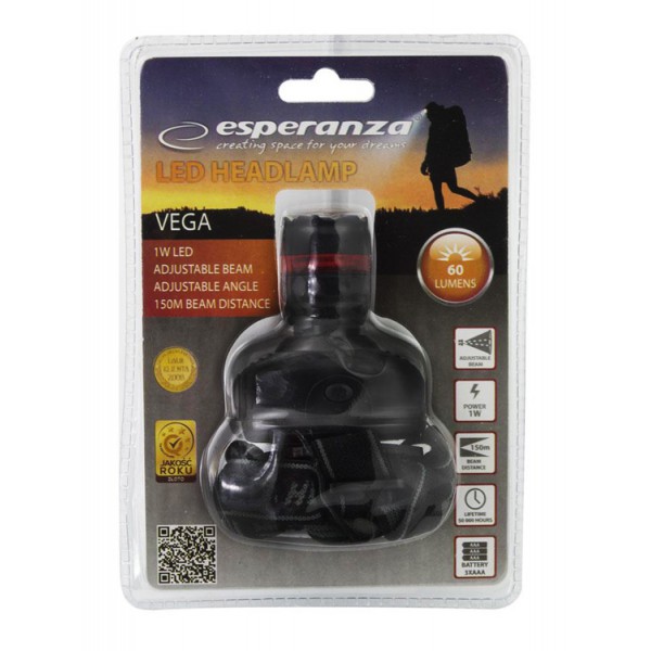ESPERANZA φακός κεφαλής Vega EOT002, 1W, 60 lumens, μαύρος ESPERANZA φακός κεφαλής Vega EOT002, 1W, 60 lumens, μαύρος