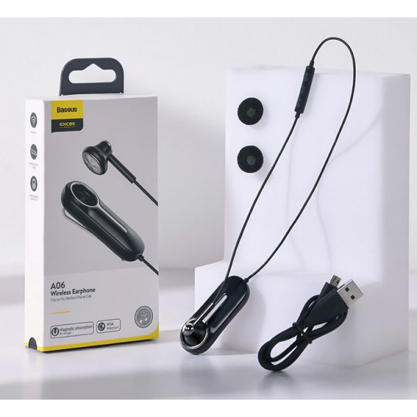 BASEUS bluetooth earphones ENCOK Α06, με μαγνήτη και κλιπ, δόνηση, μαύρα