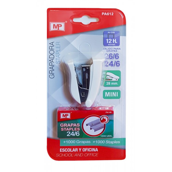 MP mini συρραπτικό με ανταλλακτικά PA612, 24/6, 12 φύλλα, λευκό MP mini συρραπτικό με ανταλλακτικά PA612, 24/6, 12 φύλλα, λευκό