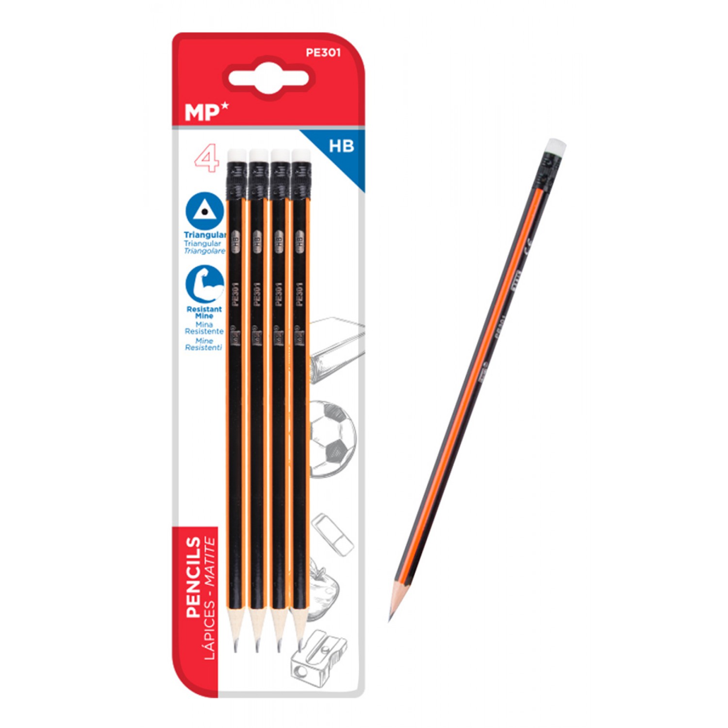 MP ξύλινο μολύβι με γόμα PE301, τρίγωνο, HB, 4τμχ MP ξύλινο μολύβι με γόμα PE301, τρίγωνο, HB, 4τμχ