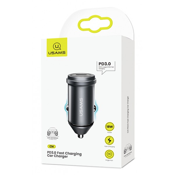 USAMS φορτιστής αυτοκινήτου C14, 1x type-C, 3A 18W, μεταλλικός, γκρι