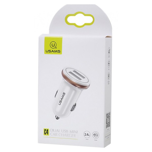 USAMS φορτιστής αυτοκινήτου C4, 2x USB, 4.8A, μεταλλικός, λευκός