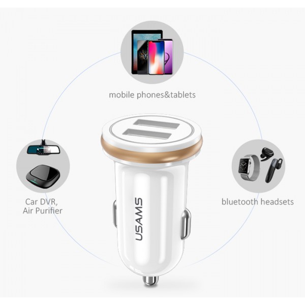 USAMS φορτιστής αυτοκινήτου C4, 2x USB, 4.8A, μεταλλικός, λευκός
