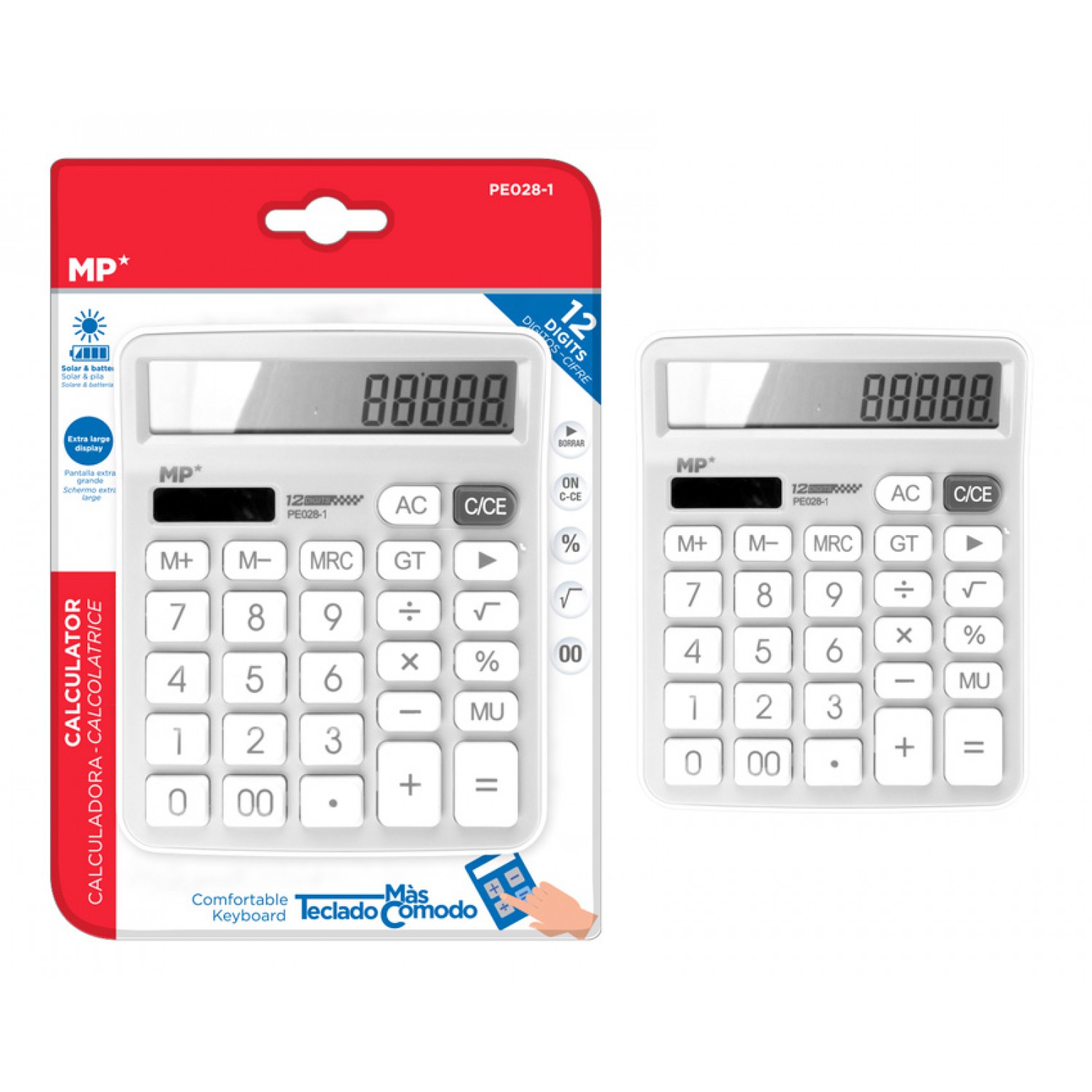 MP αριθμομηχανή PE028, ηλιακό & μπαταρίες, 12 ψηφία, λευκή