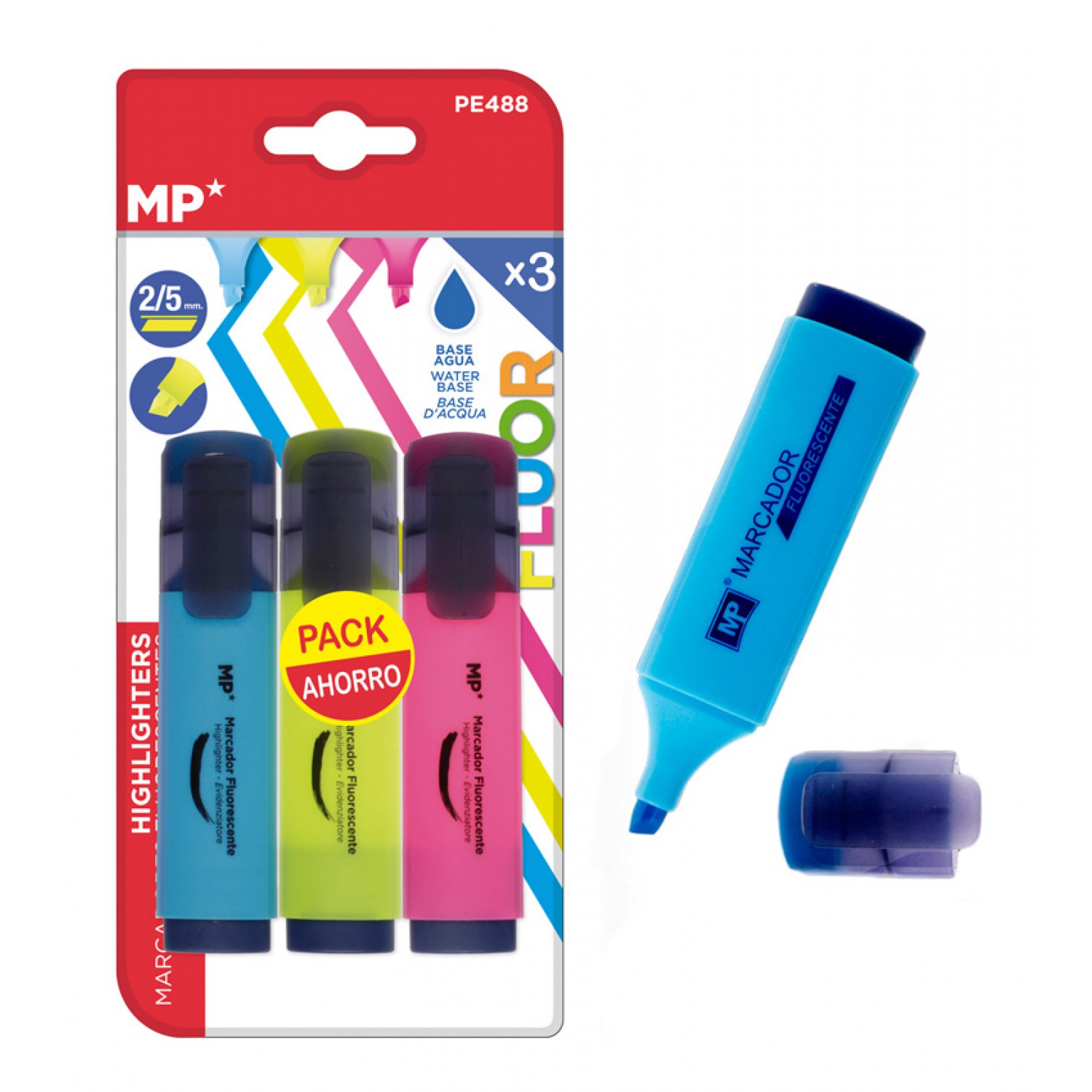 MP μαρκαδόρος υπογράμμισης PE488, πάχος μύτης 2-5mm, 3 χρώματα MP μαρκαδόρος υπογράμμισης PE488, πάχος μύτης 2-5mm, 3 χρώματα