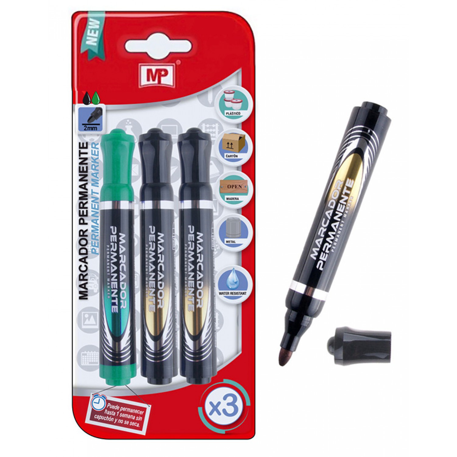 MP ανεξίτηλος μαρκαδόρος PE510-03, 2mm, 2x μαύρο 1x πράσινο MP ανεξίτηλος μαρκαδόρος PE510-03, 2mm, 2x μαύρο 1x πράσινο