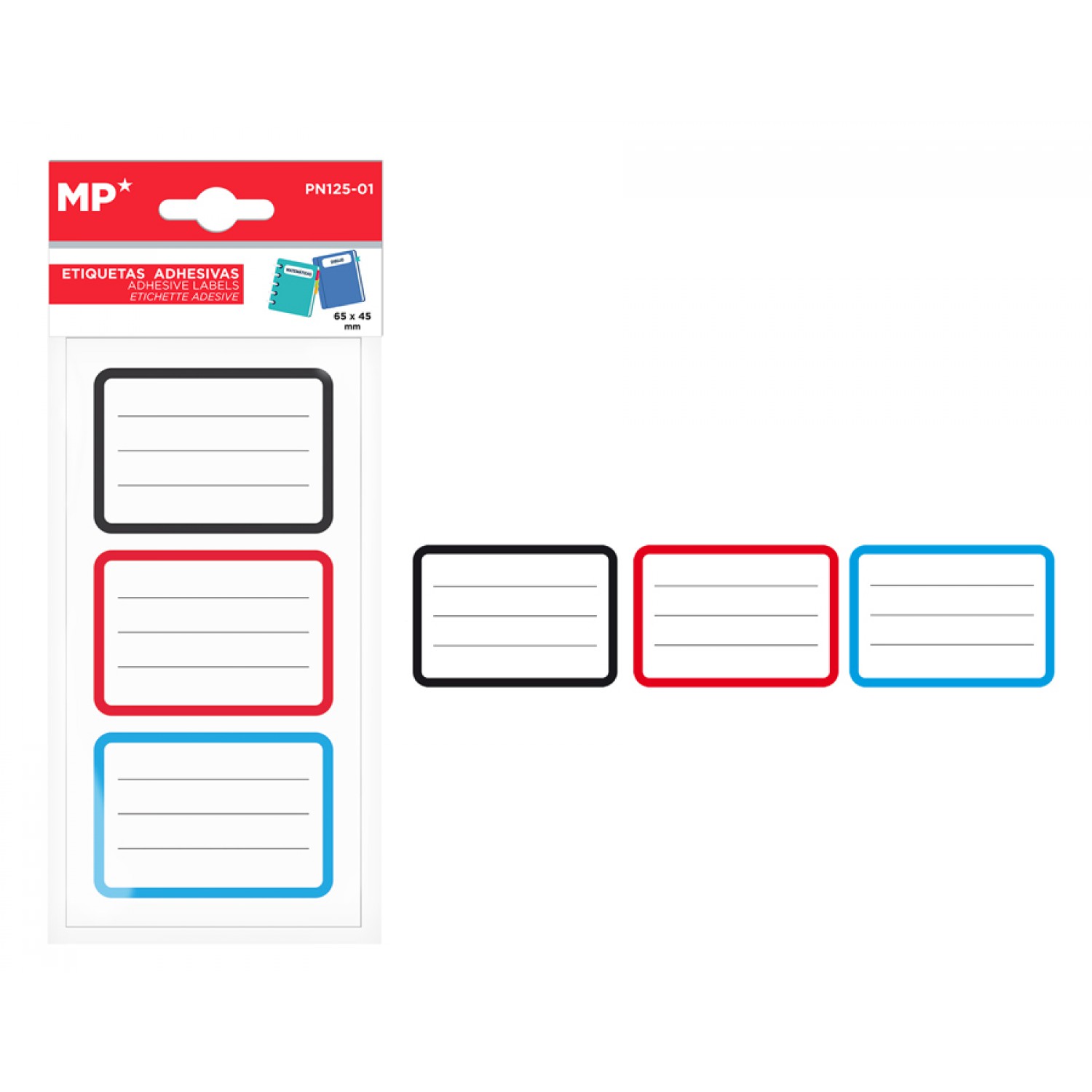 MP αυτοκόλλητες ετικέτες τετραδίων PN125-01, 65x45mm, 3 χρώματα, 24τμχ