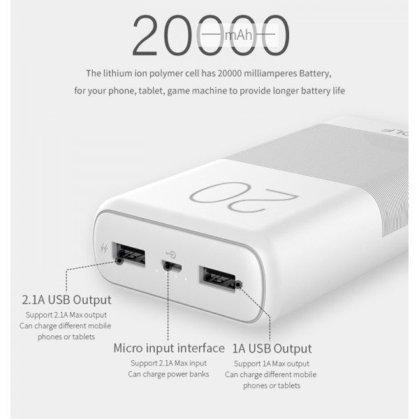GOLF Power bank Candy G81 20000mAh, 2x output, 2.1A, λευκό GOLF Power bank Candy G81 20000mAh, 2x output, 2.1A, λευκό