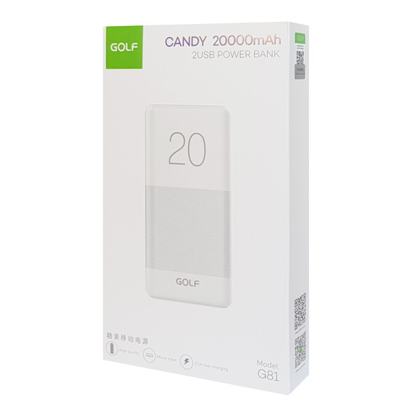 GOLF Power bank Candy G81 20000mAh, 2x output, 2.1A, λευκό GOLF Power bank Candy G81 20000mAh, 2x output, 2.1A, λευκό