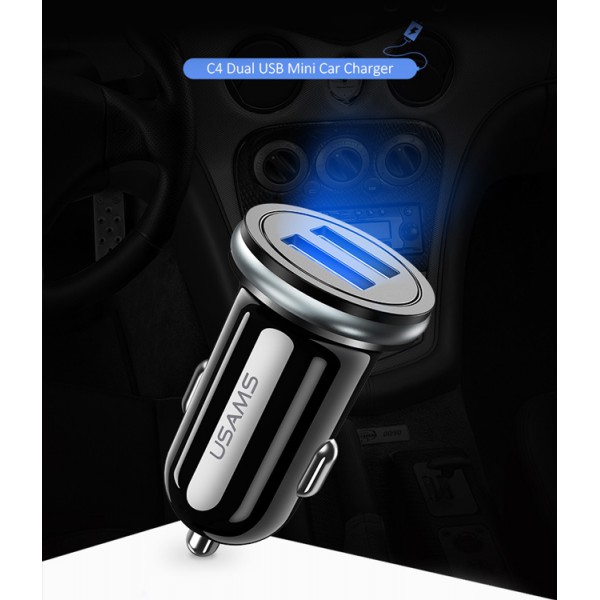 USAMS φορτιστής αυτοκινήτου C4, 2x USB, 4.8A, μεταλλικός, μαύρος