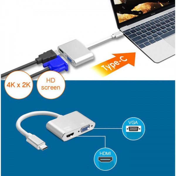 POWERTECH αντάπτορας USB-C σε HDMI & VGA PTH-041, 4K, ασημί POWERTECH αντάπτορας USB-C σε HDMI & VGA PTH-041, 4K, ασημί