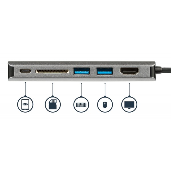 POWERTECH docking station PTH-043, 6 θυρών, USB-C, 100W PD, 4K, ασημί