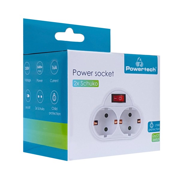 POWERTECH αντάπτορας ρεύματος PT-814, 2x schuko, 250V 16A, λευκός POWERTECH αντάπτορας ρεύματος PT-814, 2x schuko, 250V 16A, λευκός