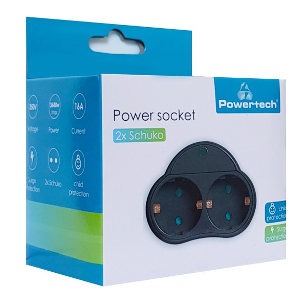 POWERTECH αντάπτορας ρεύματος PT-819, 2x schuko, 250V 16A, μαύρος POWERTECH αντάπτορας ρεύματος PT-819, 2x schuko, 250V 16A, μαύρος