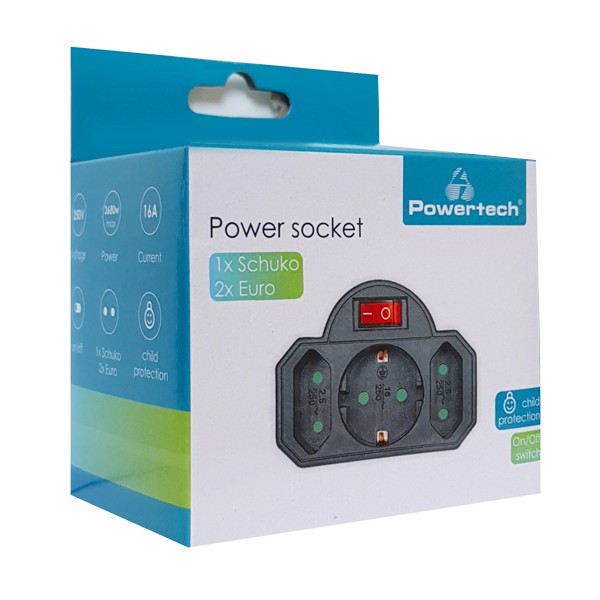 POWERTECH αντάπτορας ρεύματος PT-827, 1x schuko, 2x euro, 16A, μαύρος POWERTECH αντάπτορας ρεύματος PT-827, 1x schuko, 2x euro, 16A, μαύρος