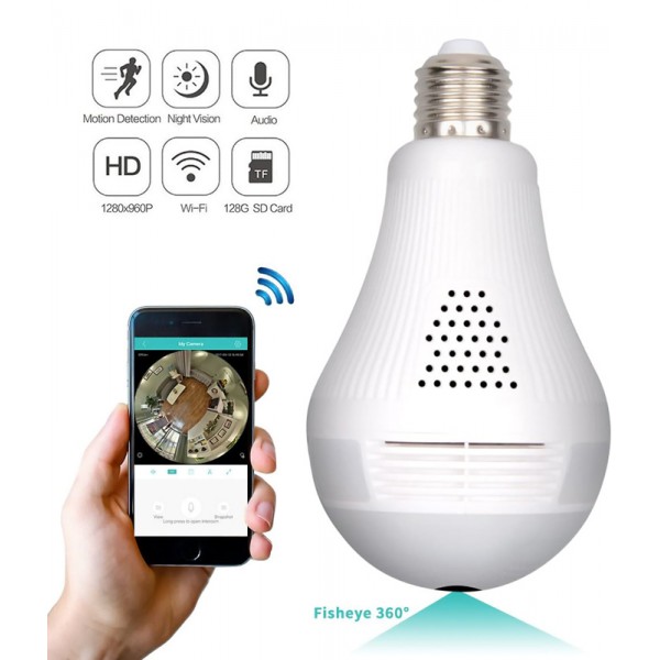 Λάμπα με ενσωματωμένη κάμερα SPY-012, HD 960p, Wi-Fi, 360°, λευκή