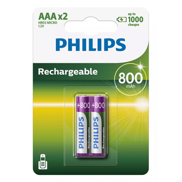 PHILIPS επαναφορτιζόμενη μπαταρία R03B2A80 800mAh, AAA HR03 Micro, 2τμχ PHILIPS επαναφορτιζόμενη μπαταρία R03B2A80 800mAh, AAA HR03 Micro, 2τμχ