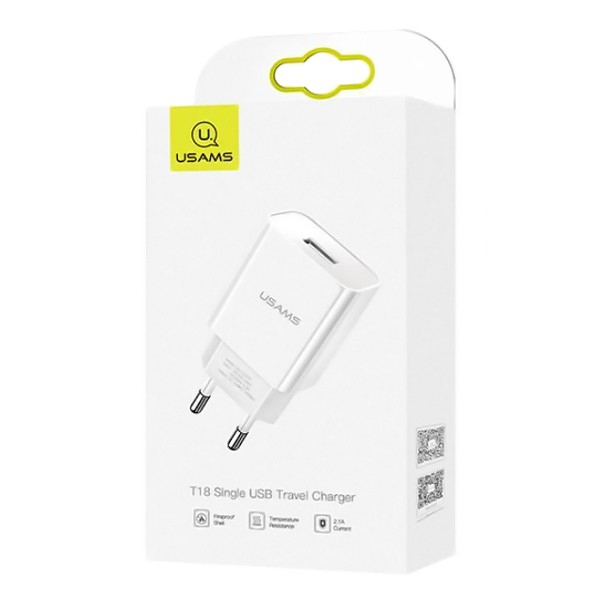 USAMS φορτιστής τοίχου T18, 1x USB, 2.1A, λευκός USAMS φορτιστής τοίχου T18, 1x USB, 2.1A, λευκός
