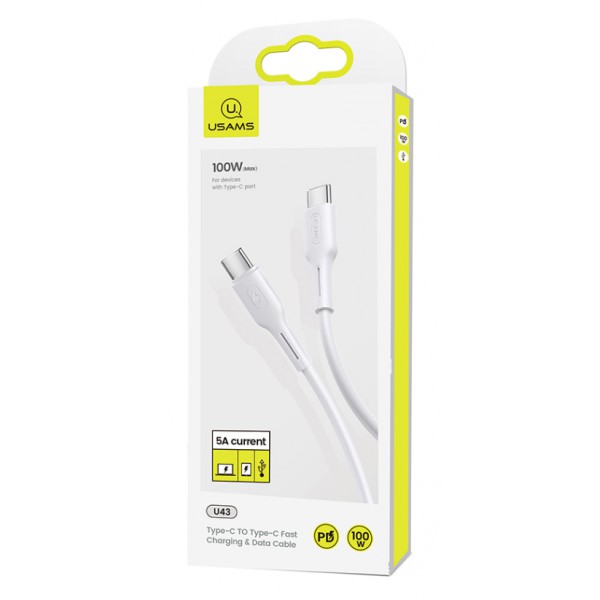 USAMS καλώδιο USB Type-C U43, 5A 100W, PD, 1.2m, λευκό USAMS καλώδιο USB Type-C U43, 5A 100W, PD, 1.2m, λευκό