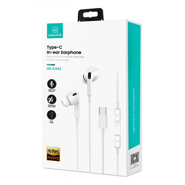 USAMS earphones με μικρόφωνο EP-41, USB Type-C, 10mm, 1.2m, λευκά