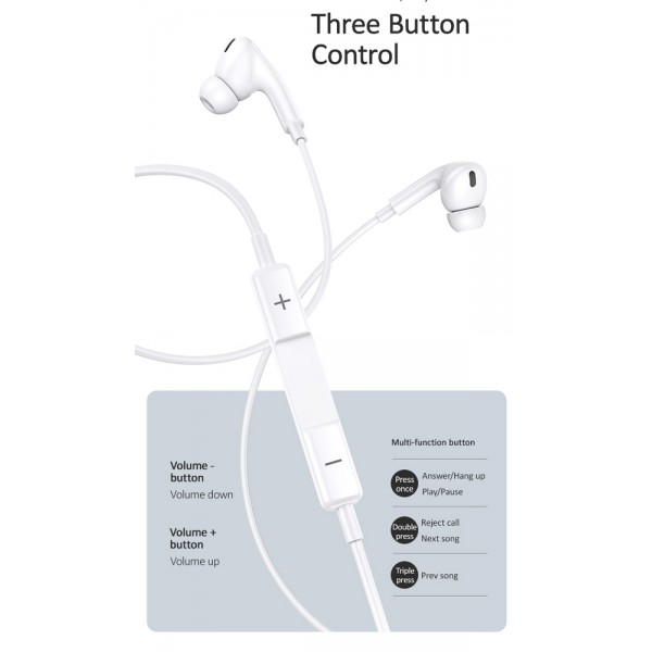 USAMS earphones με μικρόφωνο EP-41, USB Type-C, 10mm, 1.2m, λευκά
