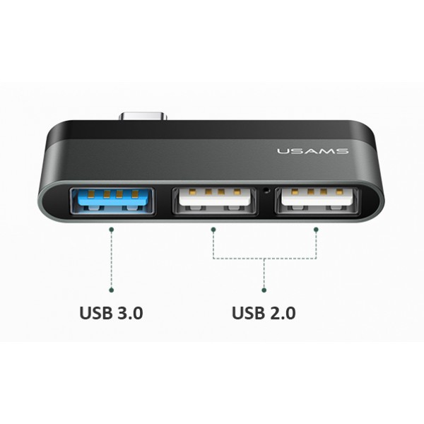 USAMS USB Type-C hub SJ461, 1x USB 3.0, 2x USB 2.0, γκρι USAMS USB Type-C hub SJ461, 1x USB 3.0, 2x USB 2.0, γκρι