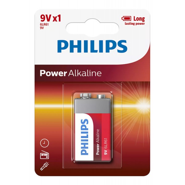 PHILIPS Power αλκαλικές μπαταρίες 6LR61P1B/10, 6LR61 9V, 1τμχ PHILIPS Power αλκαλικές μπαταρίες 6LR61P1B/10, 6LR61 9V, 1τμχ