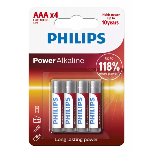 PHILIPS Power αλκαλικές μπαταρίες LR03P4B/5, AAA LR03 1.5V, 4τμχ PHILIPS Power αλκαλικές μπαταρίες LR03P4B/5, AAA LR03 1.5V, 4τμχ