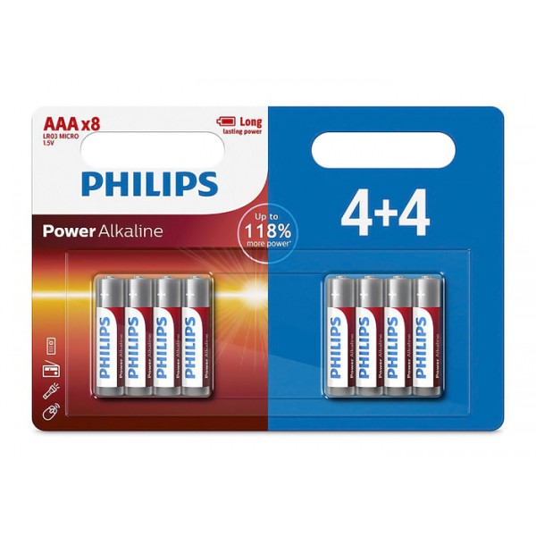 PHILIPS Power αλκαλικές μπαταρίες LR03P8BP/5, AAA LR03 1.5V, 8τμχ PHILIPS Power αλκαλικές μπαταρίες LR03P8BP/5, AAA LR03 1.5V, 8τμχ
