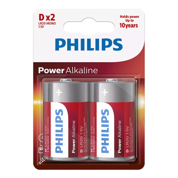 PHILIPS Power αλκαλικές μπαταρίες LR20P2B/10, Mono D LR20 1.5V, 2τμχ