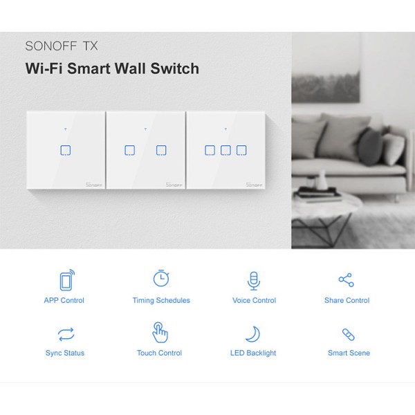 SONOFF smart διακόπτης ΤΧ-T2EU3C, αφής, Wi-Fi, τριπλός, λευκός