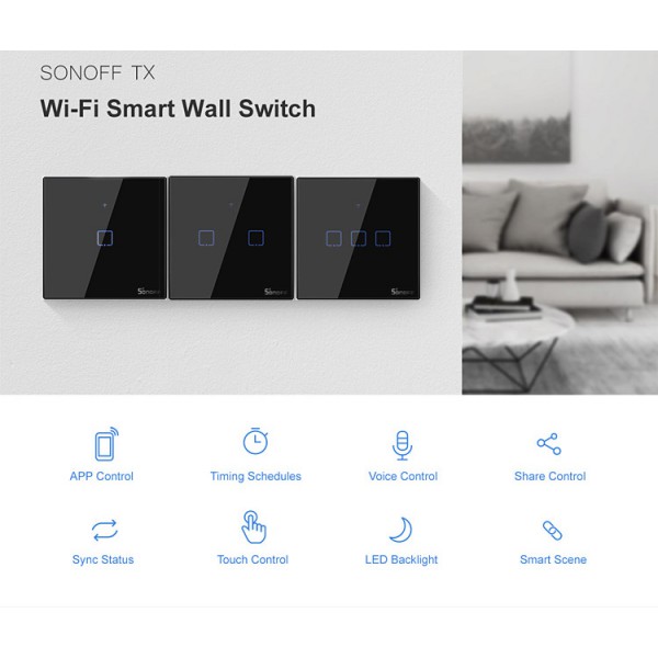 SONOFF smart διακόπτης ΤΧ-T3EU3C, αφής, Wi-Fi, τριπλός, μαύρος SONOFF smart διακόπτης ΤΧ-T3EU3C, αφής, Wi-Fi, τριπλός, μαύρος
