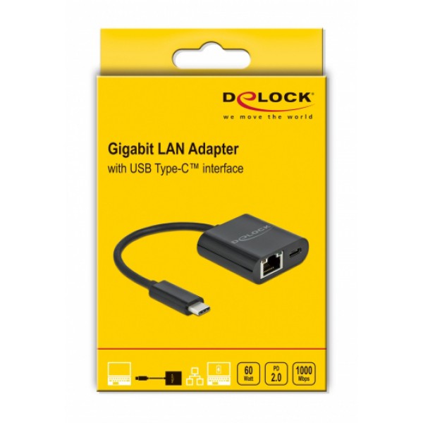 DELOCK αντάπτορας USB-C σε ethernet RJ45 66644, 60W, 1000Mbps, μαύρο