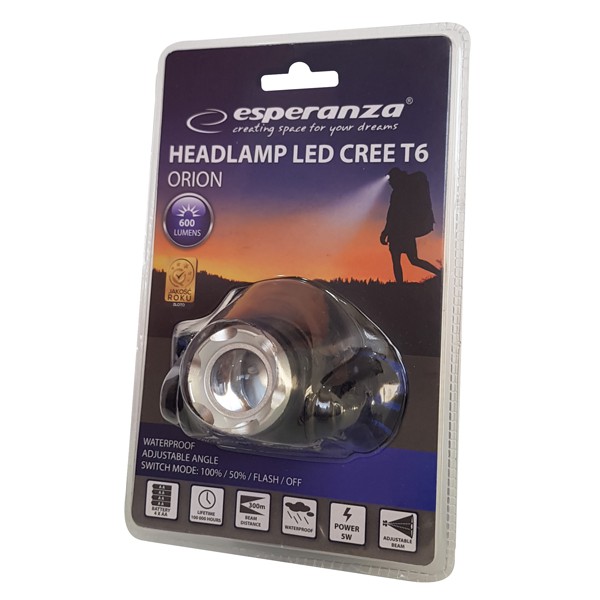 ESPERANZA φακός κεφαλής Cree T6 Orion EOT005, 5W, 600 lumens, μαύρος ESPERANZA φακός κεφαλής Cree T6 Orion EOT005, 5W, 600 lumens, μαύρος