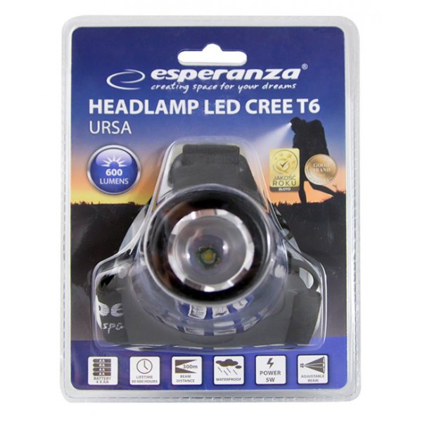ESPERANZA φακός κεφαλής Cree T6 Ursa EOT028, 5W, 600 lumens, μαύρος