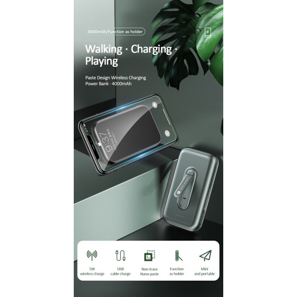 USAMS power bank PB51 με stand, 4000mAh, USB & ασύρματη φόρτιση, πράσινο USAMS power bank PB51 με stand, 4000mAh, USB & ασύρματη φόρτιση, πράσινο