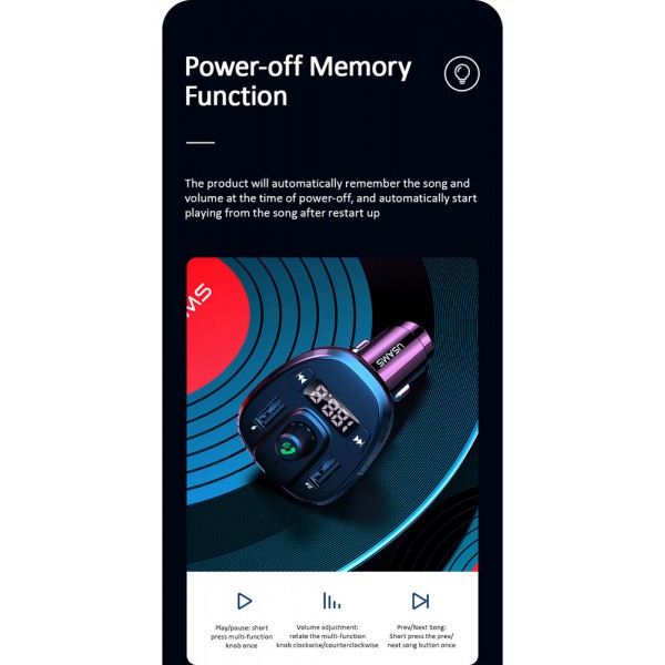 USAMS FM transmitter με οθόνη US-CC115, 2x USB, SD card, 3.4A, μαύρο USAMS FM transmitter με οθόνη US-CC115, 2x USB, SD card, 3.4A, μαύρο