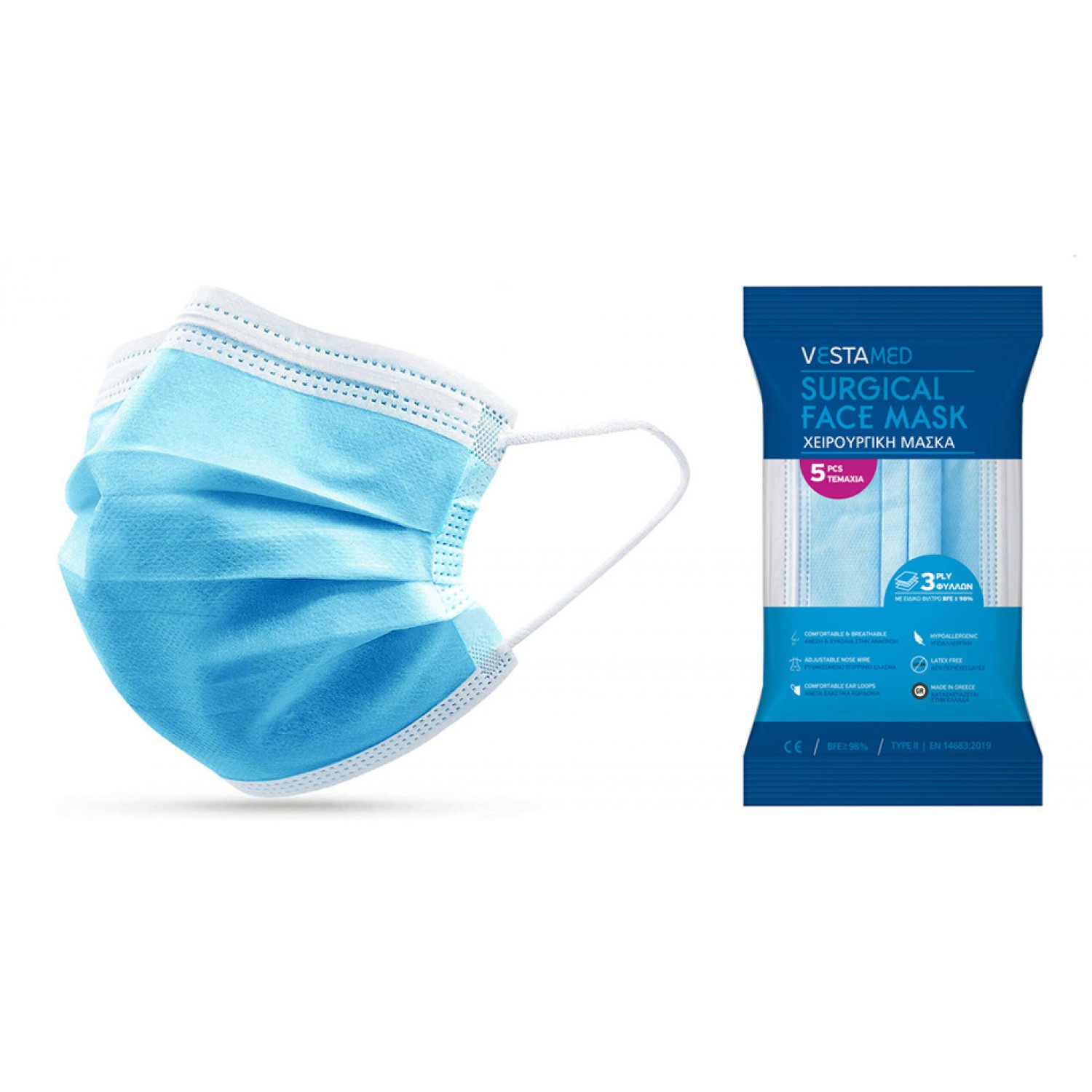 VESTAMED χειρουργική μάσκα 3 στρωμάτων MSK-0011, BFE >98%, 10x 5τμχ VESTAMED χειρουργική μάσκα 3 στρωμάτων MSK-0011, BFE >98%, 10x 5τμχ