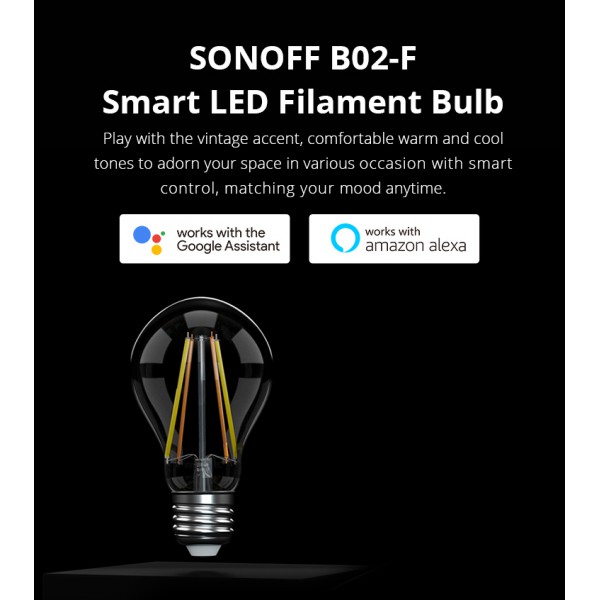 SONOFF Smart λάμπα LED Filament B02-F-A60, Wi-Fi, 7W, E27, 2200K-6500K SONOFF Smart λάμπα LED Filament B02-F-A60, Wi-Fi, 7W, E27, 2200K-6500K