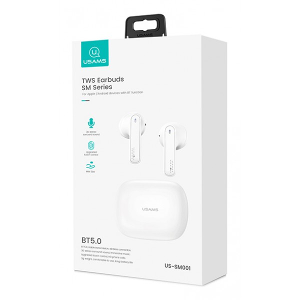 USAMS earbuds US-SM001 με θήκη φόρτισης, True Wireless, λευκά USAMS earbuds US-SM001 με θήκη φόρτισης, True Wireless, λευκά