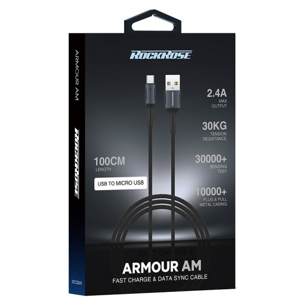 ROCKROSE καλώδιο USB σε Micro USB Armour AM, 2.4A 12W, 1m, μαύρο-μπλε