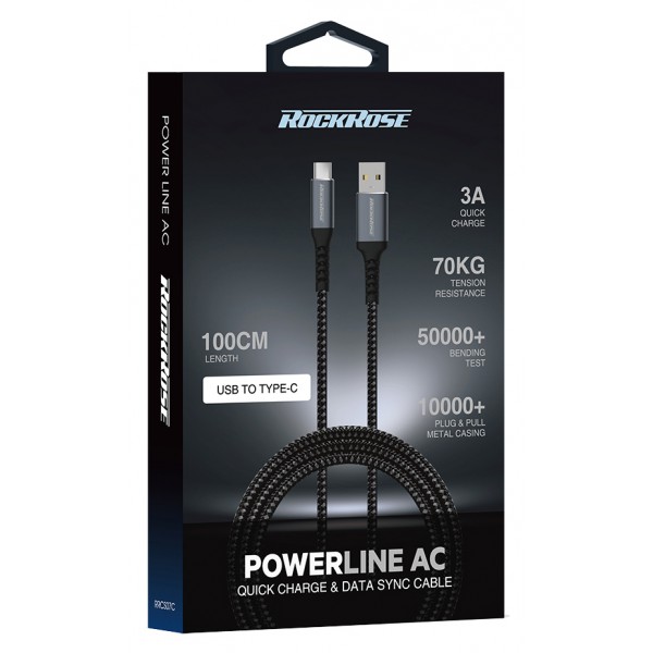 ROCKROSE καλώδιο USB σε USB Type-C Powerline AC, 3A 15W, 1m, μαύρο-μπλε ROCKROSE καλώδιο USB σε USB Type-C Powerline AC, 3A 15W, 1m, μαύρο-μπλε