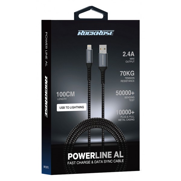 ROCKROSE καλώδιο USB σε Lightning Powerline AL, 2.4A 12W, 1m, μαύρο-μπλε ROCKROSE καλώδιο USB σε Lightning Powerline AL, 2.4A 12W, 1m, μαύρο-μπλε