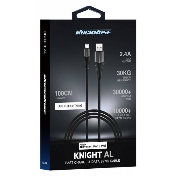 ROCKROSE καλώδιο USB σε Lightning Knight AL, 12W, MFi, 1m, μαύρο-γκρι