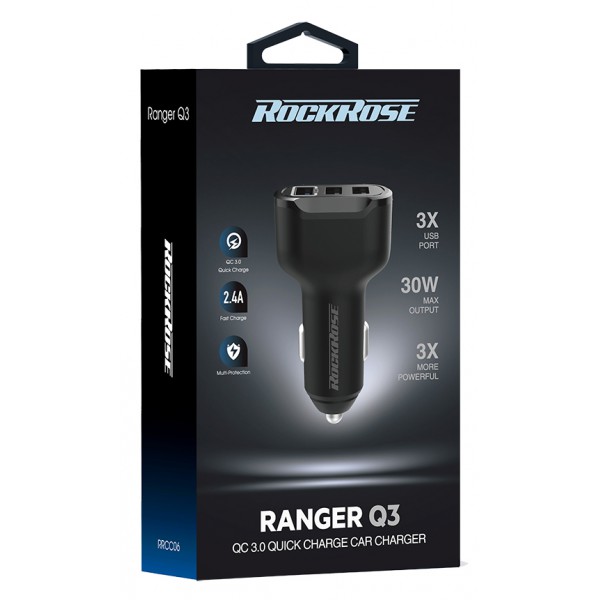 ROCKROSE φορτιστής αυτοκινήτου Ranger Q3, 3x USB, QC 30W, 3A, μαύρος ROCKROSE φορτιστής αυτοκινήτου Ranger Q3, 3x USB, QC 30W, 3A, μαύρος
