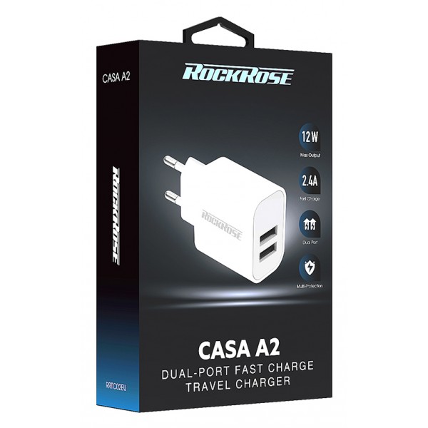 ROCKROSE φορτιστής τοίχου για πρίζα ΕU Casa A2, 2x USB, 2.4A 12W, λευκός ROCKROSE φορτιστής τοίχου για πρίζα ΕU Casa A2, 2x USB, 2.4A 12W, λευκός