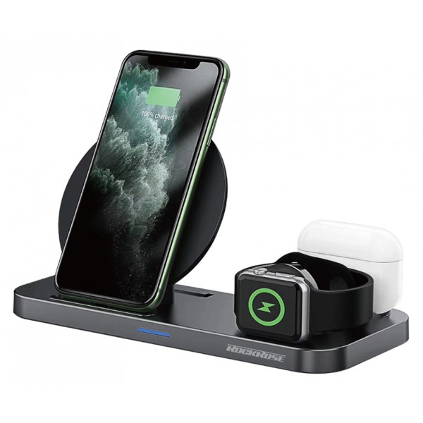 ROCKROSE ασύρματος φορτιστής Airwave Max 3in1, 15W, μαύρος ROCKROSE ασύρματος φορτιστής Airwave Max 3in1, 15W, μαύρος