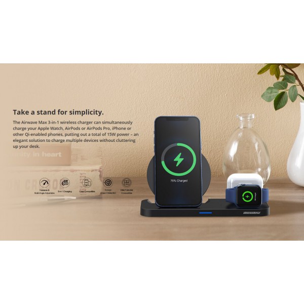 ROCKROSE ασύρματος φορτιστής Airwave Max 3in1, 15W, μαύρος ROCKROSE ασύρματος φορτιστής Airwave Max 3in1, 15W, μαύρος