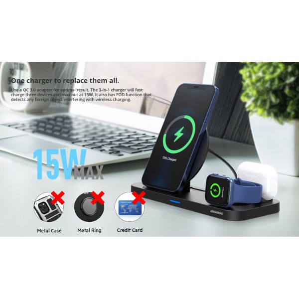 ROCKROSE ασύρματος φορτιστής Airwave Max 3in1, 15W, μαύρος ROCKROSE ασύρματος φορτιστής Airwave Max 3in1, 15W, μαύρος